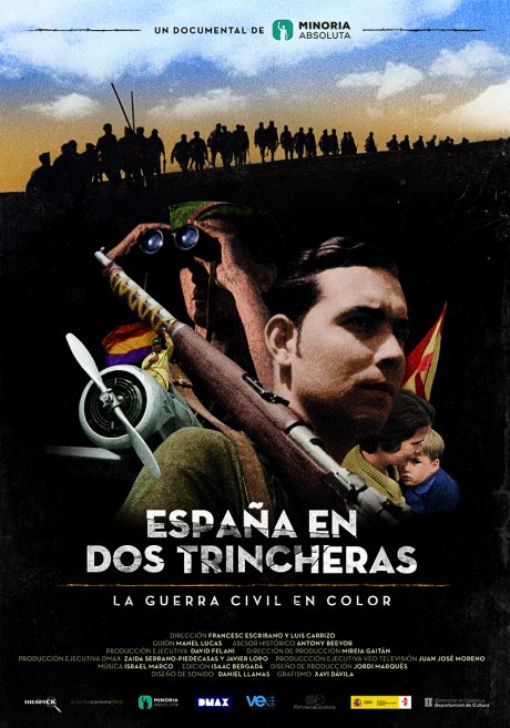 Cartel de España en dos trincheras, la Guerra Civil en color